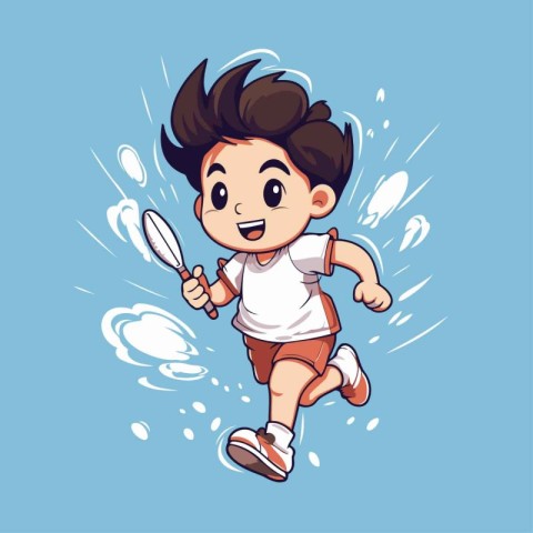 Cartoon boy playing badminton on blue background. Vector illustr