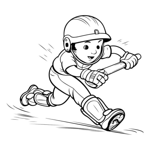 Cricket Player - Black and White Cartoon Illustration. Vector