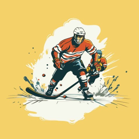 Ice hockey player in action. Vector illustration. Grunge style.