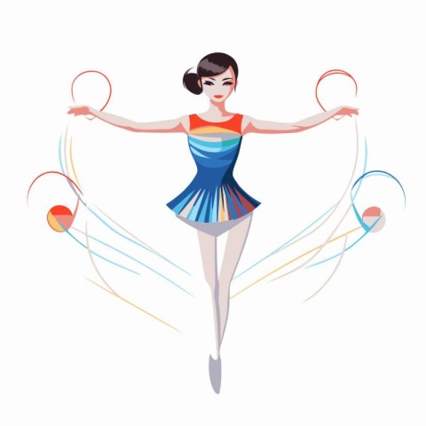 Gymnast girl jumping with racket and ball. Vector illustration.