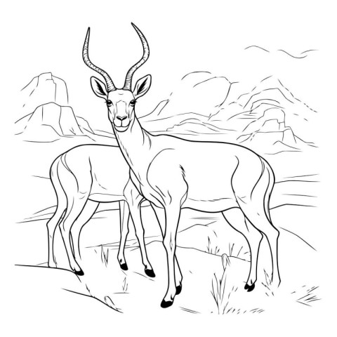 Vector image of antelope on a background of mountains. Sketch.