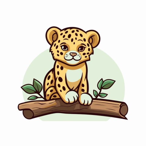 Cute leopard sitting on a tree branch. Vector illustration.