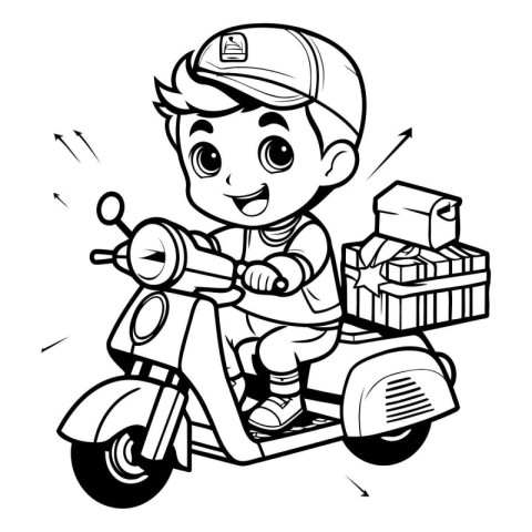 Black and White Cartoon Illustration of Cute Delivery Boy Riding