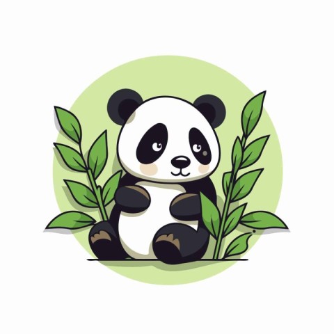 Cute panda sitting on the ground surrounded by leaves. Vector il