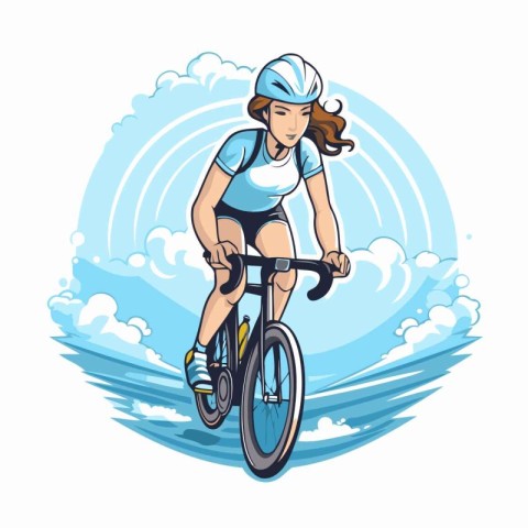 Cyclist woman riding bicycle on blue sky background vector illus