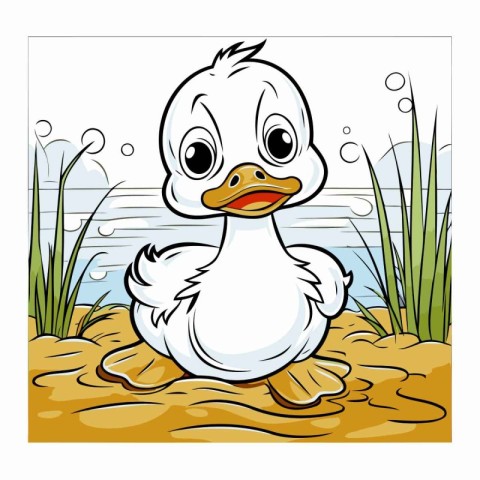 Cute little duck sitting on the shore of the lake. Vector illust