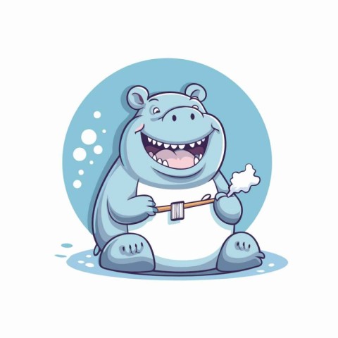 Cartoon hippo with toothbrush and toothpaste. Vector illustratio