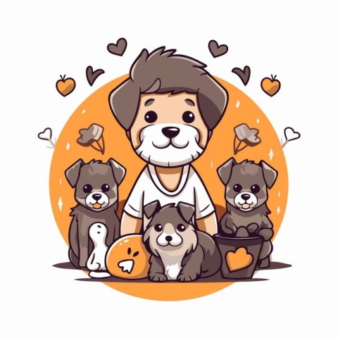 Boy with dogs in love. Vector illustration of a boy with dogs.