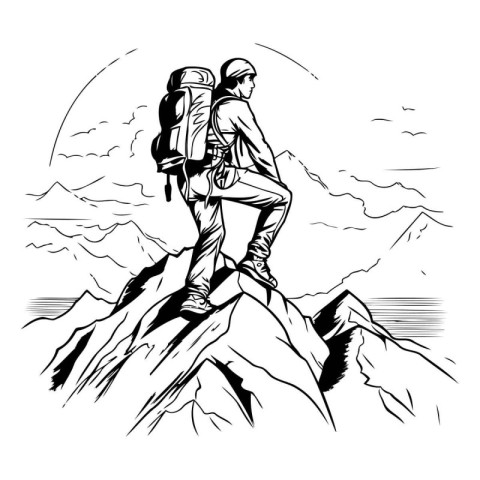 Hiker on the top of the mountain. Vector illustration in sketch