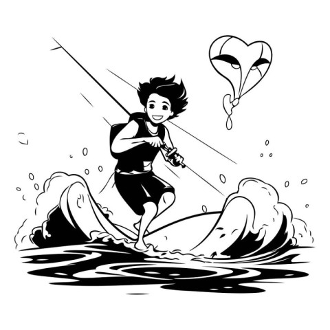 Kitesurfer on the water. Black and white vector illustration.