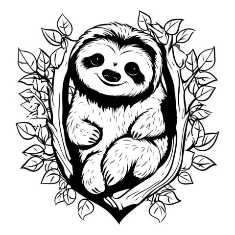 Hand drawn vector illustration of cute cartoon sloth in floral f