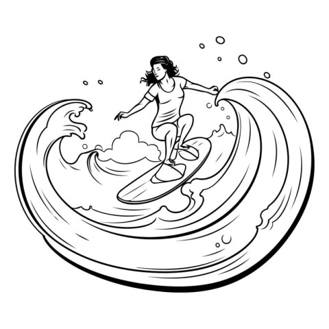 Girl surfing on a wave. Black and white vector illustration for