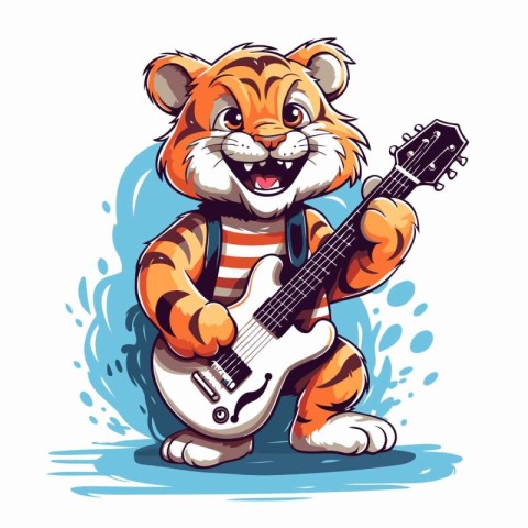 Tiger with guitar. Cute cartoon character. Vector illustration.