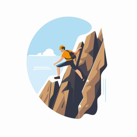 Man climbing on a cliff. Vector illustration in a flat style.