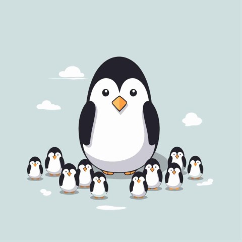 Cute penguin with group of penguins. Vector illustration.