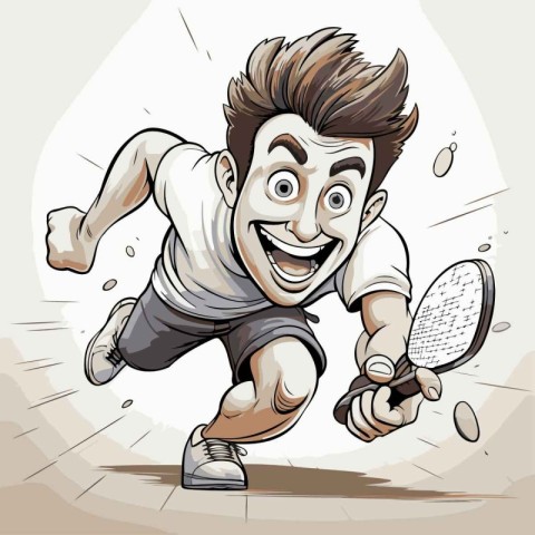 Cartoon illustration of a badminton player running with racket.