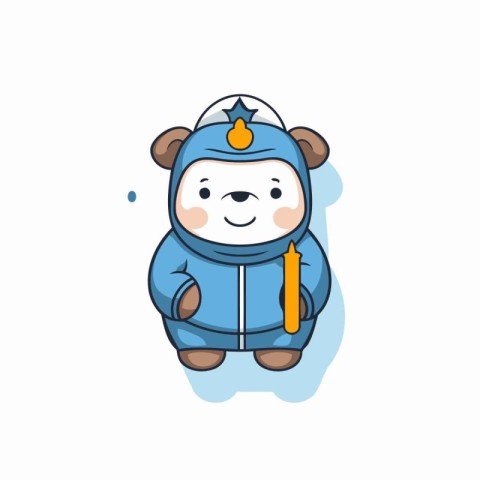 Cute cartoon bear in blue jumpsuit with pencil. Vector illustrat