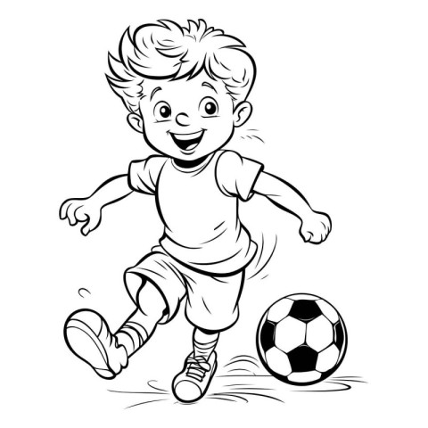 Cute cartoon boy playing soccer. Black and white vector illustra