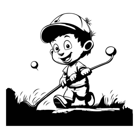 Little boy playing golf - black and white vector illustration fo