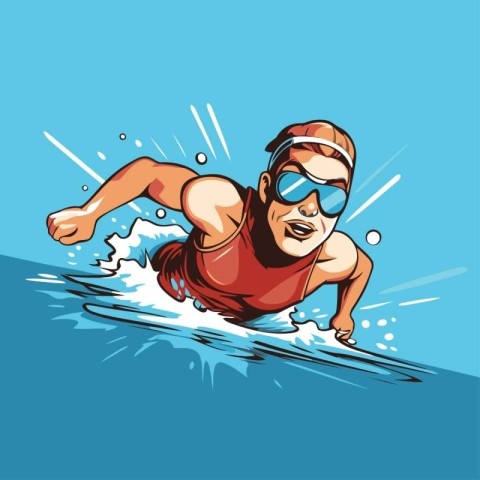 Vector illustration of a surfer in a red swimsuit and goggles