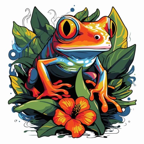 Frog and hibiscus flowers. Vector illustration of a frog.