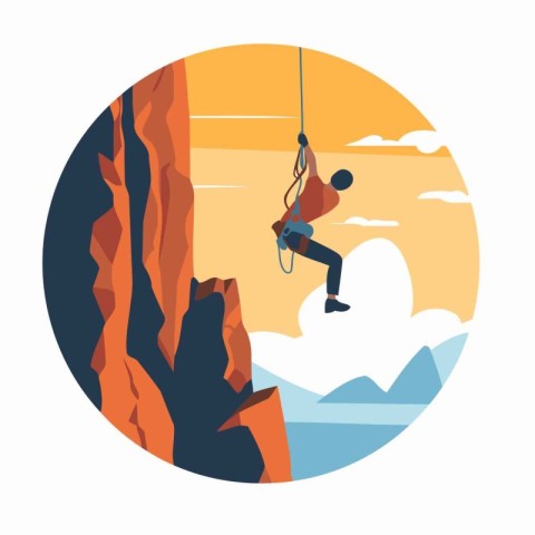 Rock climber hanging on a cliff. Flat style vector illustration.