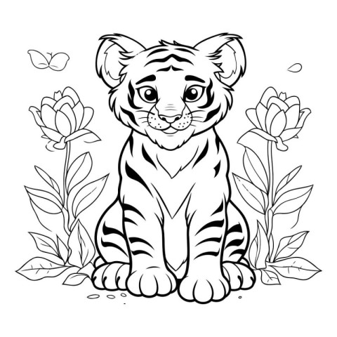 Cute tiger with flowers. Black and white vector illustration for