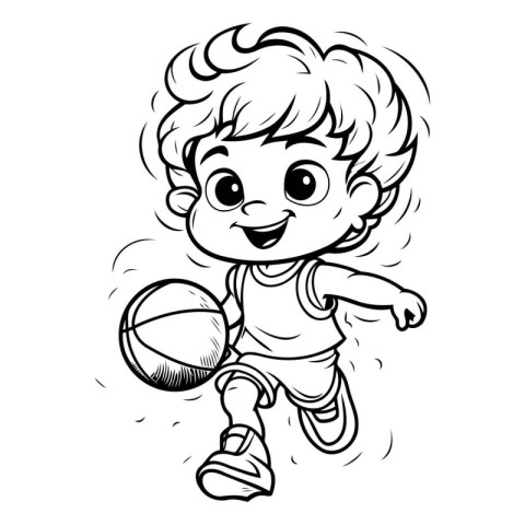 Cute boy playing basketball - black and white vector illustratio