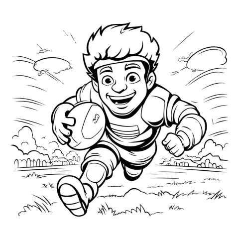 Black and White Cartoon Illustration of Rugby Player Running wit