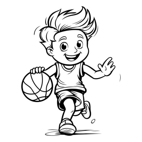 Cute boy playing basketball - black and white vector illustratio