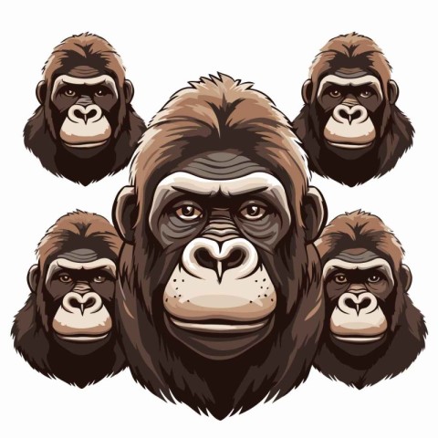 Gorilla heads set isolated on white background. Vector illustrat