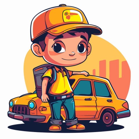 Cute boy with yellow taxi. Vector illustration of a cartoon char