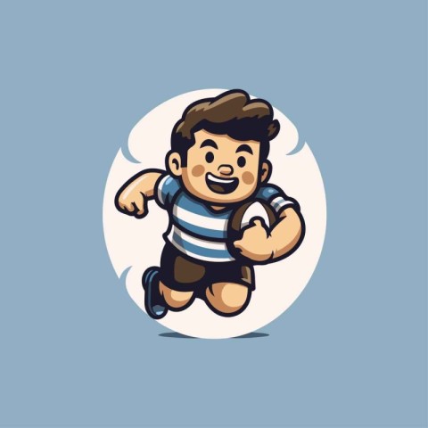 Cute boy running with a rugby ball in his hands. Vector illustra