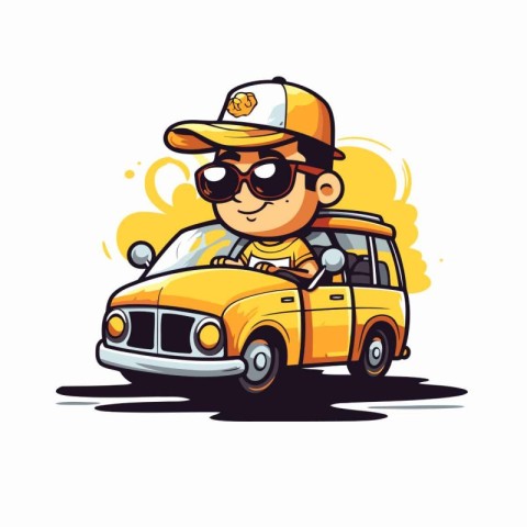 Vector illustration of a taxi driver with a yellow car on white