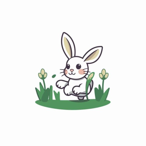 Cute bunny in the grass. Vector illustration on white background