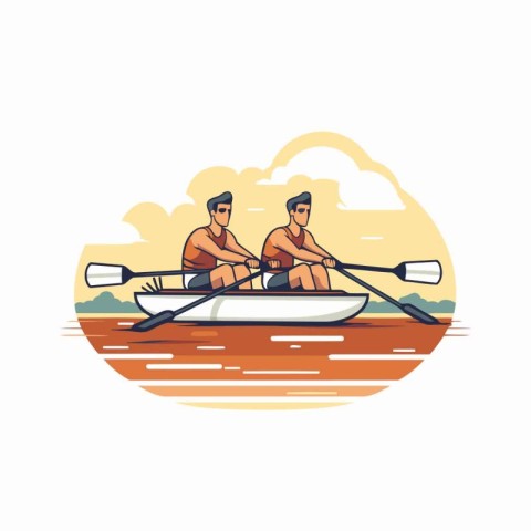 Two men rowing on the river. Flat style vector illustration.