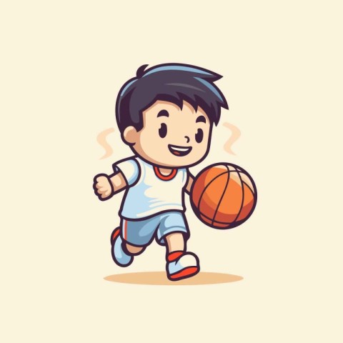 Cartoon boy playing basketball. Vector illustration of a boy pla