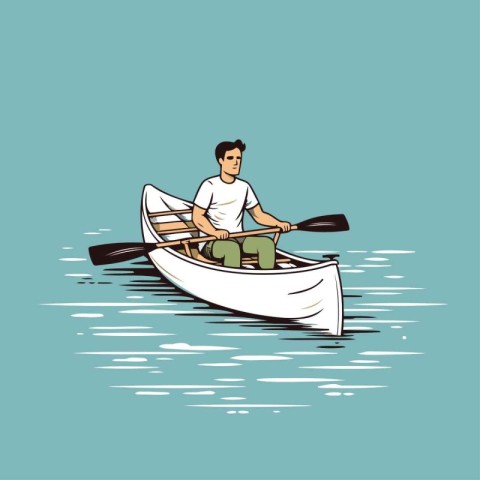 Man rowing on a boat in the sea. Vector illustration.