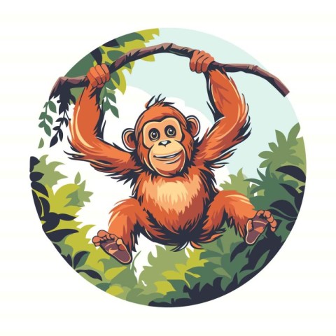 Orangutan. Vector illustration of a monkey on a tree branch.