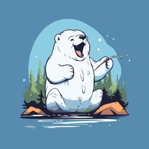 Polar bear in the forest. Vector illustration in cartoon style.