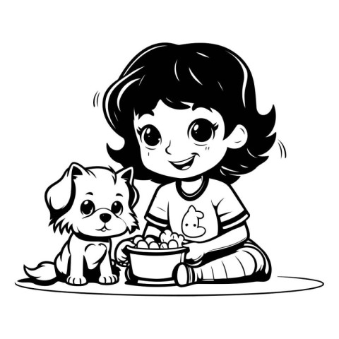 Cute girl with dog and bowl of food. Vector illustration.