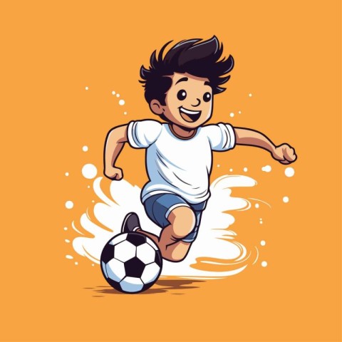 Cartoon soccer player kicking the ball. Vector illustration isol