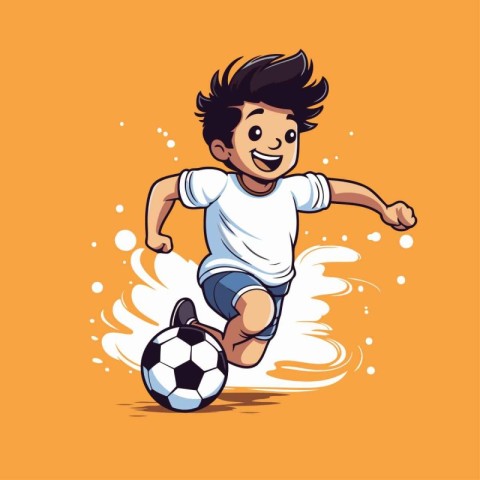 Cartoon soccer player kicking the ball. Vector illustration isol