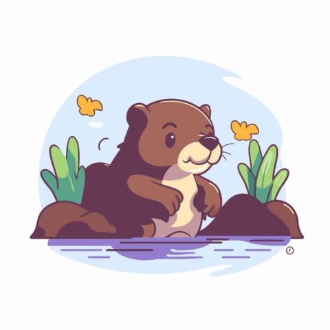 Beaver in the water. Vector illustration in a flat style.