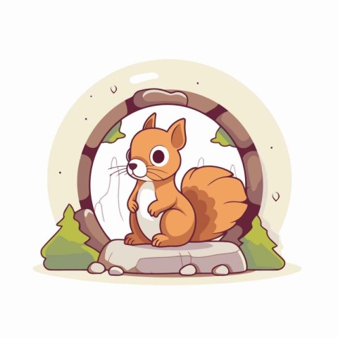 Cute squirrel sitting on a stone in a tunnel. Vector illustratio