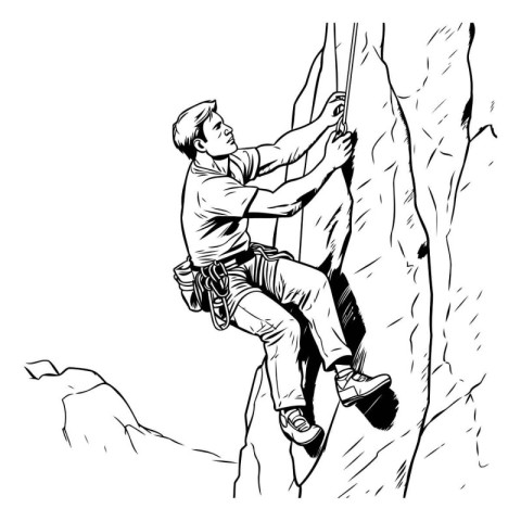 Black and white illustration of a climber climbing on a cliff.