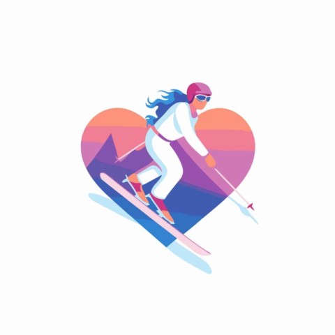 Winter sport vector flat icon. Woman skier in sportswear. helmet