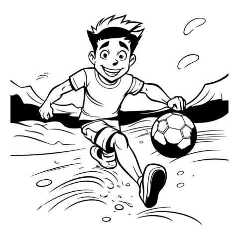 Soccer Player with Ball - Black and White Cartoon Illustration.