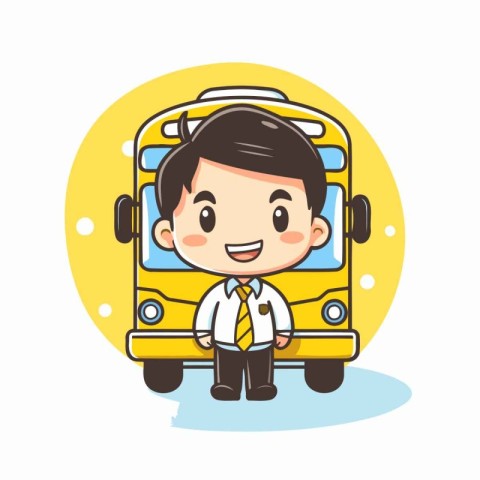 School bus with happy boy cartoon vector illustration. School bu