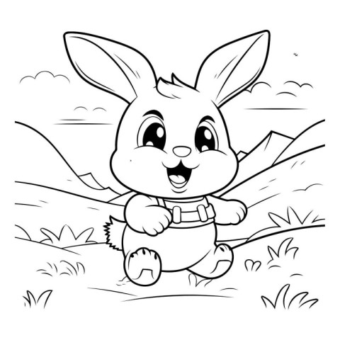 Cute cartoon bunny in the field. Vector illustration for colorin